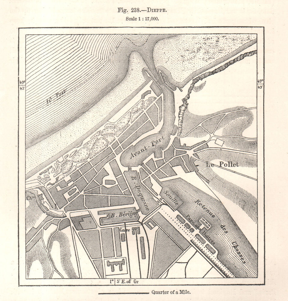 Dieppe town city plan. Seine-Maritime. Sketch map 1885 old antique chart